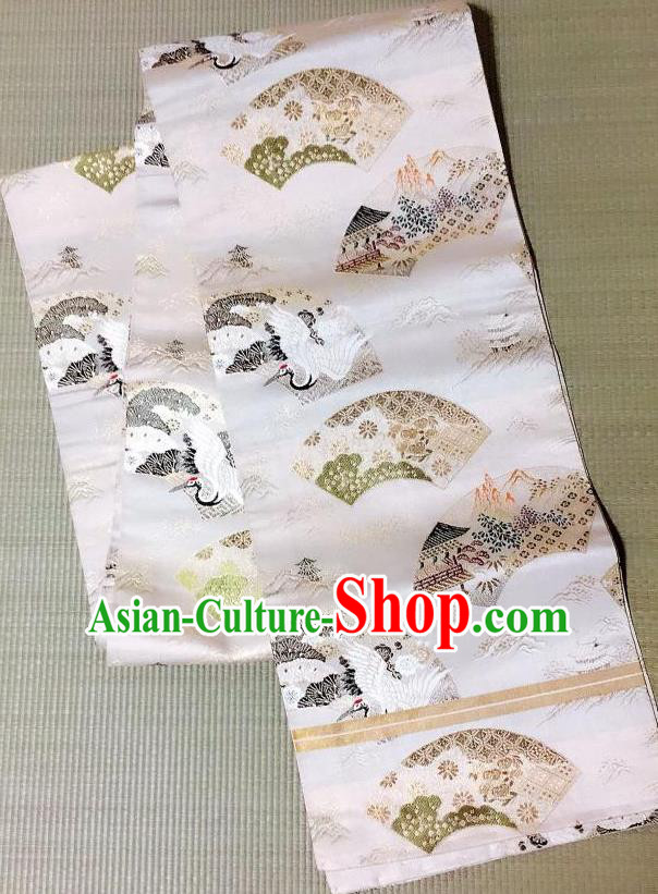 Japanese Traditional Crane Pattern White Brocade Waistband Japan Kimono Yukata Belt for Women Japanese Traditional Crane Pattern White Brocade Waistband Japan Kimono Yukata Belt for Women