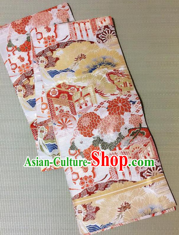 Japanese Traditional Red Chrysanthemum Pattern Brocade Waistband Japan Kimono Yukata Belt for Women