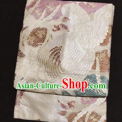 Japanese Traditional Phoenix Pattern White Brocade Waistband Japan Kimono Yukata Belt for Women