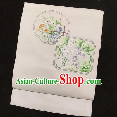 Japanese Traditional Embroidered Pattern Beige Brocade Waistband Japan Kimono Yukata Belt for Women