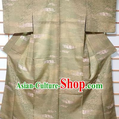 Japanese Traditional Printing Green Furisode Kimono Japan Yukata Dress Costume for Women