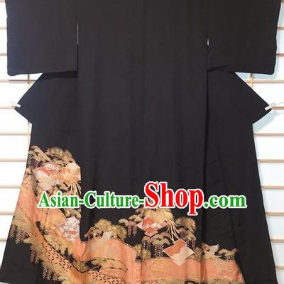 Japanese Traditional Printing Phoenix Black Furisode Kimono Japan Yukata Dress Costume for Women