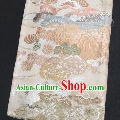 Japanese Traditional Chrysanthemum Crane Pattern Beige Brocade Waistband Japan Kimono Yukata Belt for Women