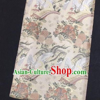 Japanese Traditional Crane Chrysanthemum Pattern Beige Brocade Waistband Japan Kimono Yukata Belt for Women