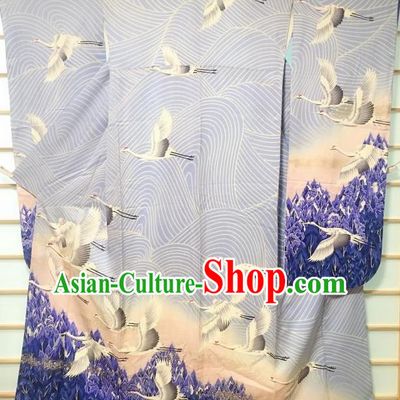 Japanese Traditional Embroidered Crane Blue Furisode Kimono Japan Yukata Dress Costume for Women