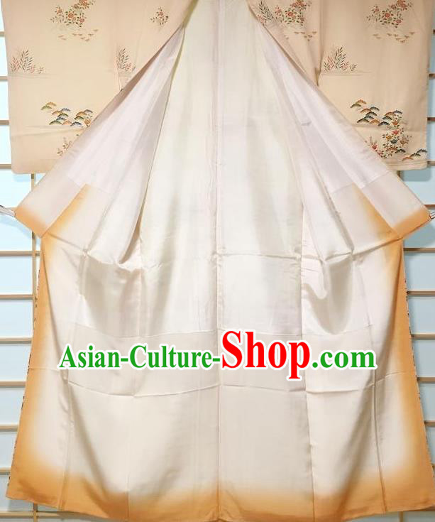 Japanese Traditional Printing Apricot Silk Furisode Kimono Japan Yukata Dress Costume for Women Japanese Traditional Printing Apricot Silk Furisode Kimono Japan Yukata Dress Costume for Women