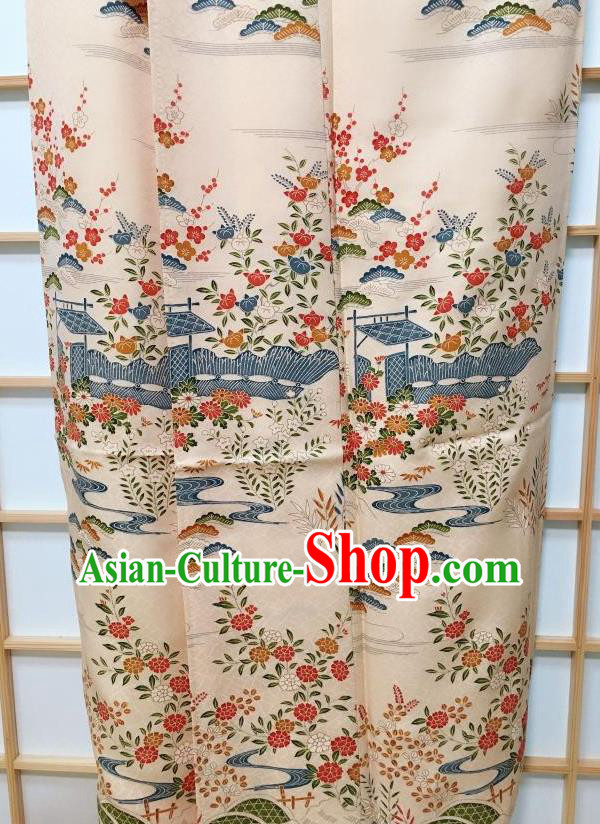 Japanese Traditional Printing Apricot Silk Furisode Kimono Japan Yukata Dress Costume for Women Japanese Traditional Printing Apricot Silk Furisode Kimono Japan Yukata Dress Costume for Women