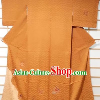 Japanese Traditional Orange Furisode Kimono Japan Yukata Dress Costume for Women