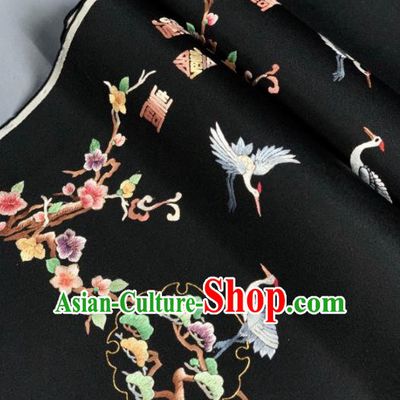 Chinese Classical Embroidered Crane Pattern Design Black Silk Fabric Asian Traditional Hanfu Brocade Material