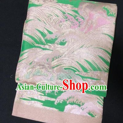 Japanese Traditional Embroidered Wave Reef Pattern Champagne Brocade Waistband Japan Kimono Yukata Belt for Women
