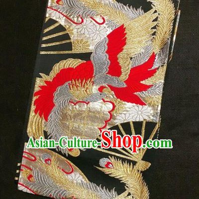 Japanese Traditional Embroidered Phoenix Fan Pattern Black Brocade Waistband Japan Kimono Yukata Belt for Women