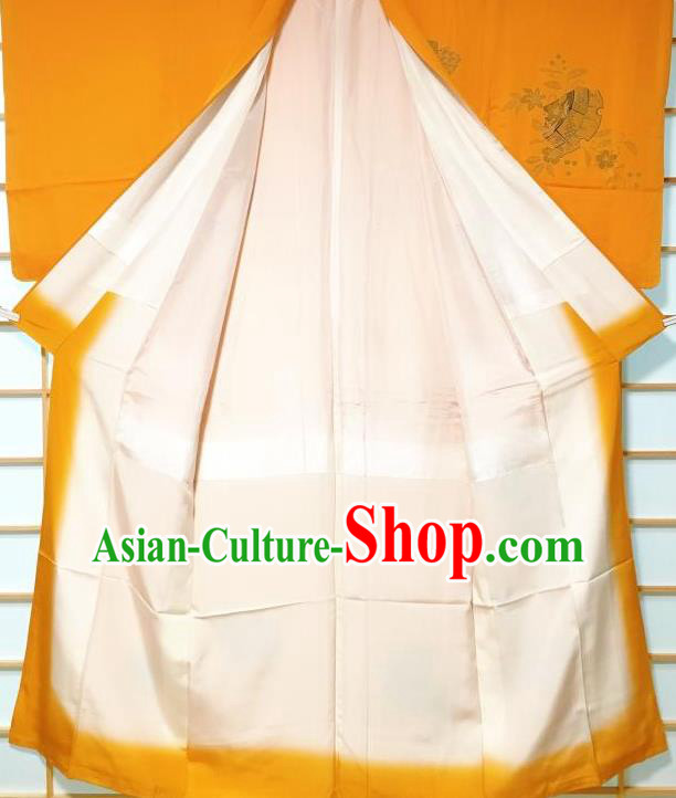 Japanese Traditional Printing Orchid Orange Furisode Kimono Japan Yukata Dress Costume for Women Japanese Traditional Printing Orchid Orange Furisode Kimono Japan Yukata Dress Costume for Women