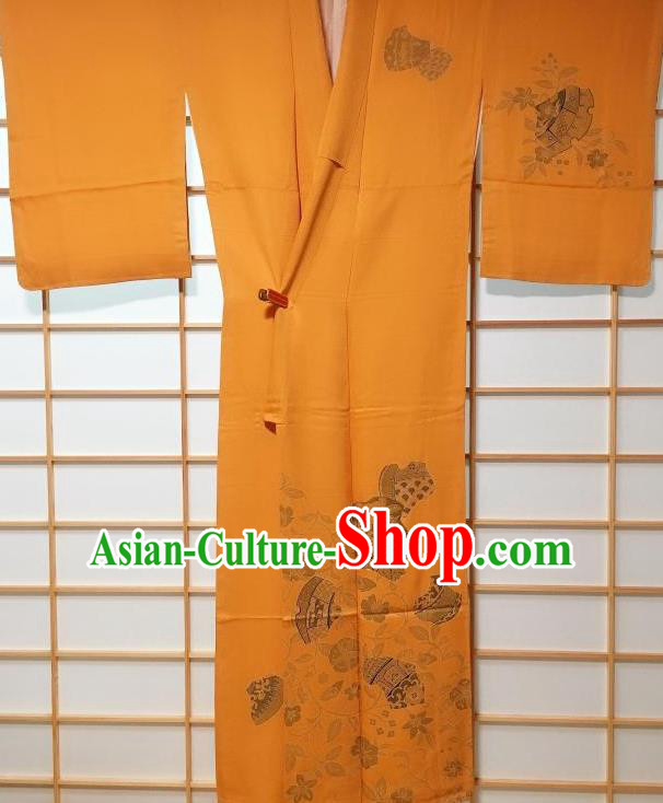 Japanese Traditional Printing Orchid Orange Furisode Kimono Japan Yukata Dress Costume for Women Japanese Traditional Printing Orchid Orange Furisode Kimono Japan Yukata Dress Costume for Women