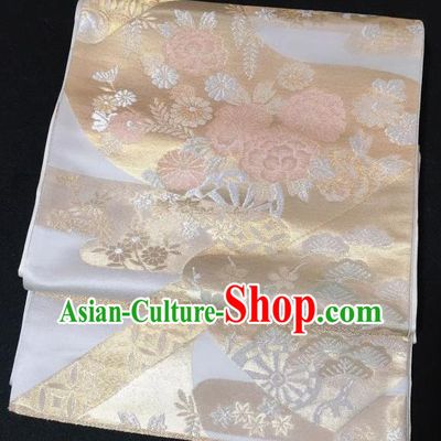 Japanese Traditional Embroidered Pink Peony Brocade Waistband Japan Kimono Yukata Belt for Women