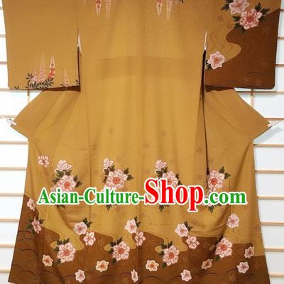 Japanese Traditional Printing Camellia Ginger Furisode Kimono Japan Yukata Dress Costume for Women