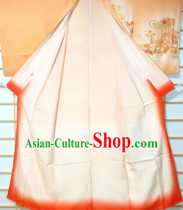 Traditional Japanese Printing Wheel Orange Furisode Kimono Japan Yukata Dress Costume for Women