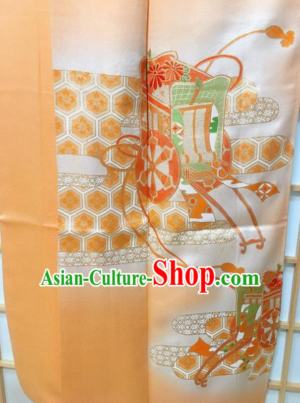 Traditional Japanese Printing Wheel Orange Furisode Kimono Japan Yukata Dress Costume for Women