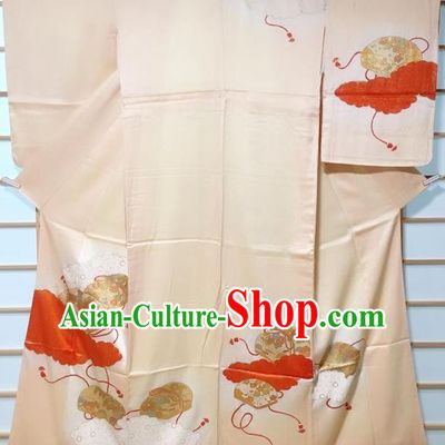 Traditional Japanese Printing Light Orange Furisode Kimono Japan Yukata Dress Costume for Women