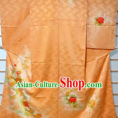 Traditional Japanese Printing Chrysanthemum Peony Orange Furisode Kimono Japan Yukata Dress Costume for Women