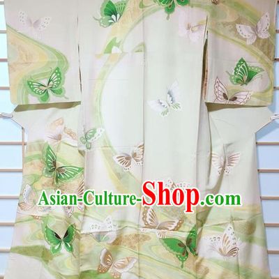Traditional Japanese Printing Butterfly Light Green Furisode Kimono Japan Yukata Dress Costume for Women