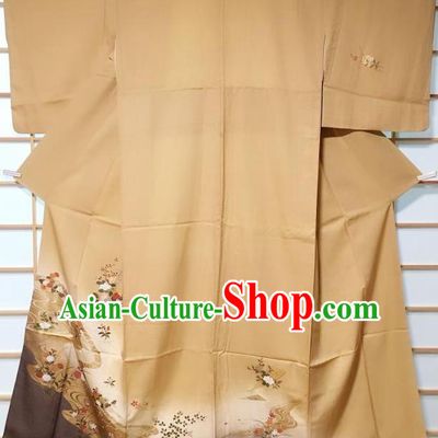 Traditional Japanese Printing Peony Ginger Furisode Kimono Japan Yukata Dress Costume for Women