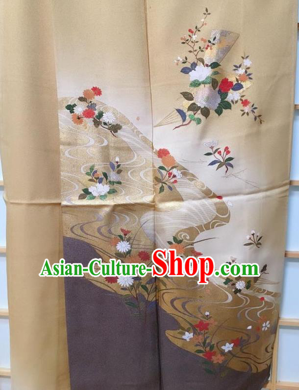 Traditional Japanese Printing Peony Ginger Furisode Kimono Japan Yukata Dress Costume for Women Traditional Japanese Printing Peony Ginger Furisode Kimono Japan Yukata Dress Costume for Women