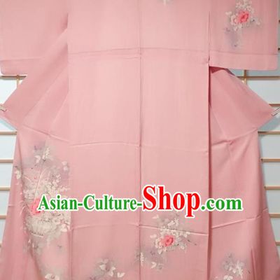 Traditional Japanese Printing Peony Vase Pink Furisode Kimono Japan Yukata Dress Costume for Women
