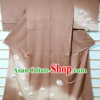 Traditional Japanese Printing Plum Blossom Brown Furisode Kimono Japan Yukata Dress Costume for Women