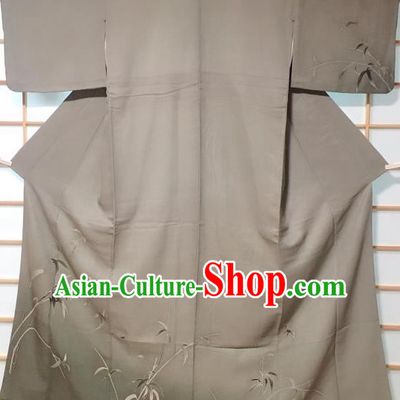 Traditional Japanese Printing Bamboo Grey Furisode Kimono Japan Yukata Dress Costume for Women