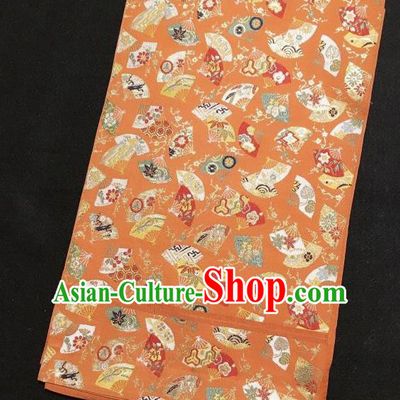 Japanese Traditional Embroidered Fan Orange Brocade Waistband Japan Kimono Yukata Belt for Women