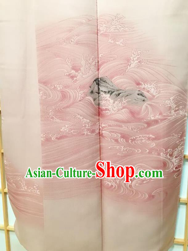 Traditional Japanese Classical Waves Pattern Pink Kimono Japan Yukata Dress Costume for Women Traditional Japanese Classical Waves Pattern Pink Kimono Japan Yukata Dress Costume for Women