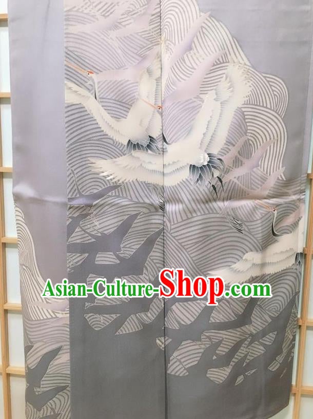 Traditional Japanese Classical Cranes Pattern Grey Kimono Japan Yukata Dress Costume for Women Traditional Japanese Classical Cranes Pattern Grey Kimono Japan Yukata Dress Costume for Women