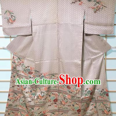 Traditional Japanese Classical Plum Birds Pattern Grey Kimono Japan Yukata Dress Costume for Women