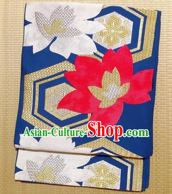 Japanese Traditional Embroidered Flowers Blue Brocade Waistband Japan Kimono Yukata Belt for Women Japanese Traditional Embroidered Flowers Blue Brocade Waistband Japan Kimono Yukata Belt for Women