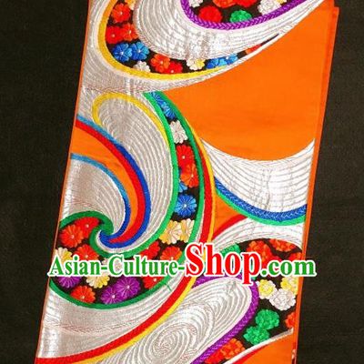 Japanese Traditional Embroidered Peony Orange Brocade Waistband Japan Kimono Yukata Belt for Women