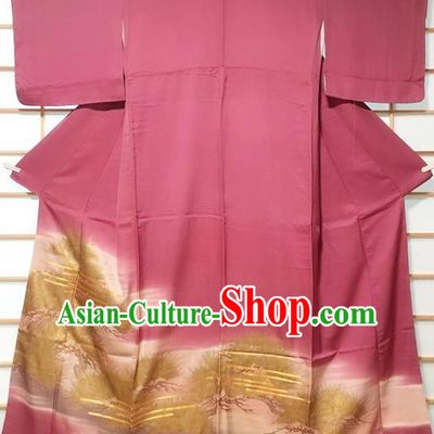 Traditional Japanese Pine Pattern Deep Pink Furisode Kimono Japan Yukata Dress Costume for Women