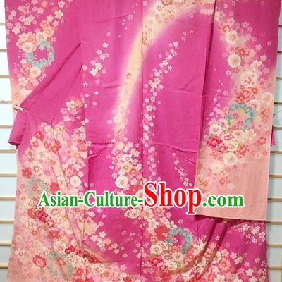 Traditional Japanese Classical Peony Pattern Rosy Furisode Kimono Japan Yukata Dress Costume for Women