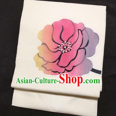 Japanese Traditional Printing Flower White Brocade Waistband Japan Kimono Yukata Belt for Women
