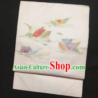 Japanese Traditional Embroidered Chrysanthemum Beige Brocade Waistband Japan Kimono Yukata Belt for Women