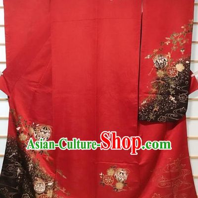 Japanese Traditional Sakura Pattern Red Silk Furisode Kimono Japan Yukata Dress Costume for Women