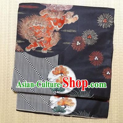 Japanese Traditional Embroidered Pine Lion Black Brocade Waistband Japan Kimono Yukata Belt for Women