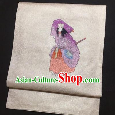 Japanese Traditional Embroidered Geisha White Brocade Waistband Japan Kimono Yukata Belt for Women