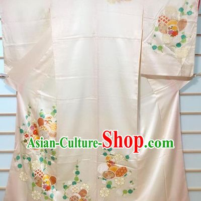 Japanese Traditional Plum Blossom Pattern Light Pink Silk Uchikake Kimono Japan Yukata Dress Costume for Women