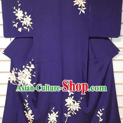 Japanese Traditional Flowers Pattern Deep Blue Silk Tsukesage Kimono Japan Yukata Dress Costume for Women