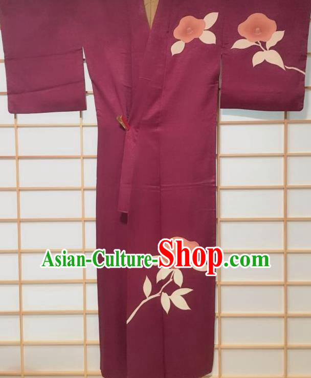 Japanese Traditional Camellia Pattern Purple Tsukesage Kimono Japan Yukata Dress Costume for Women