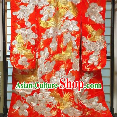 Traditional Japanese Geisha Pine Crane Pattern Red Furisode Kimono Japan Yukata Long Over Dress Costume for Women