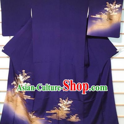 Japanese Classical Daisy Pattern Deep Blue Tsukesage Kimono Japan Traditional Yukata Dress Costume for Women