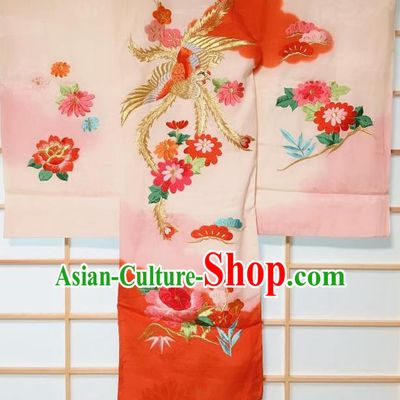 Traditional Japanese Geisha Embroidered Phoenix Chrysanthemum Pink Furisode Kimono Japan Yukata Dress Costume for Women