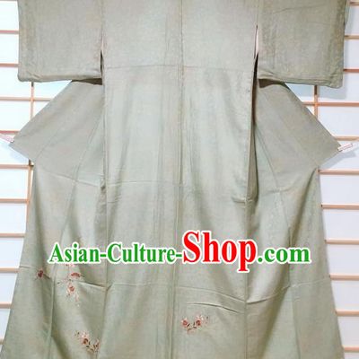 Japanese Classical Embroidered Plum Green Tsukesage Kimono Japan Traditional Yukata Dress Costume for Women