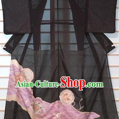 Japanese Classical Printing Phoenix Black Kurotomesode Kimono Japan Traditional Yukata Dress Costume for Women